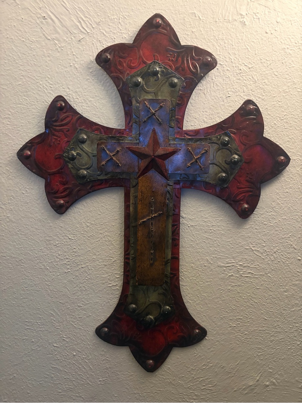 Rustic Red Metal Wall Cross with Bronze Accent